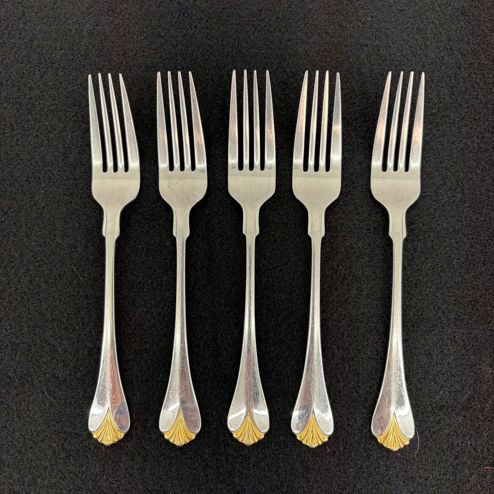 Set/5 Yamazaki Japan Cara Silver Gold Accent Salad Forks Elegant Dining Flatware
